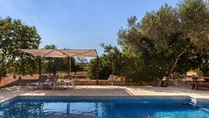 Una piscina con borde de azulejos, sillas de descanso, una zona sombreada y árboles al fondo.