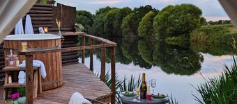 Bell tent in ultimate luxury with a wood fired hot tub, super king size bed