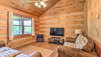 Smart TV, fireplace, DVD player, books