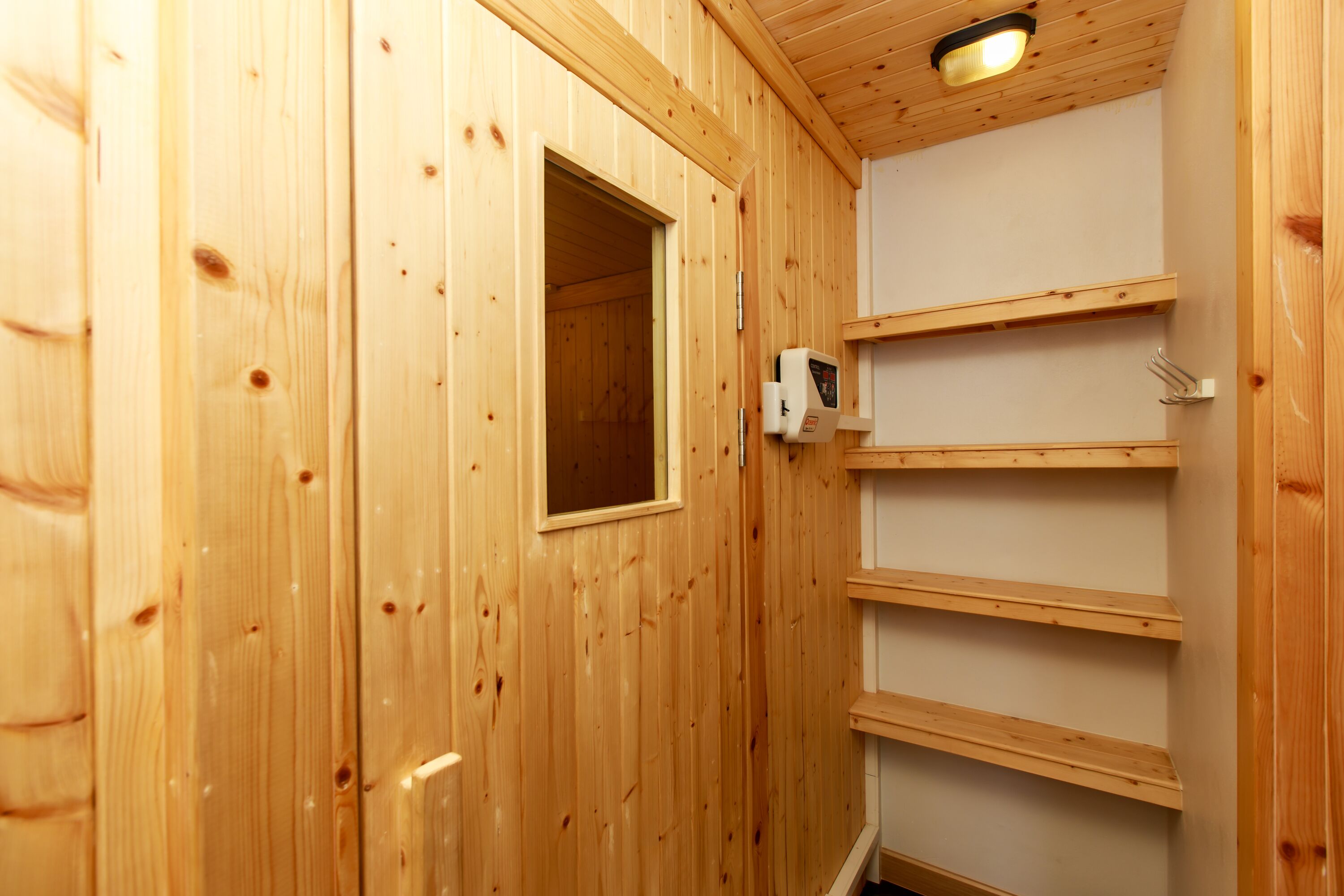 A wooden interior with a door, a window, and built-in shelves.
