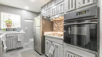 Full-size fridge, microwave, stovetop, espresso maker