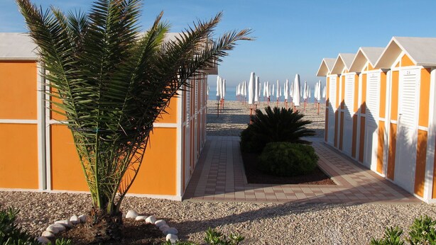 A row of beach huts with a pathway leading to the beach, palm trees, and a clear sky.