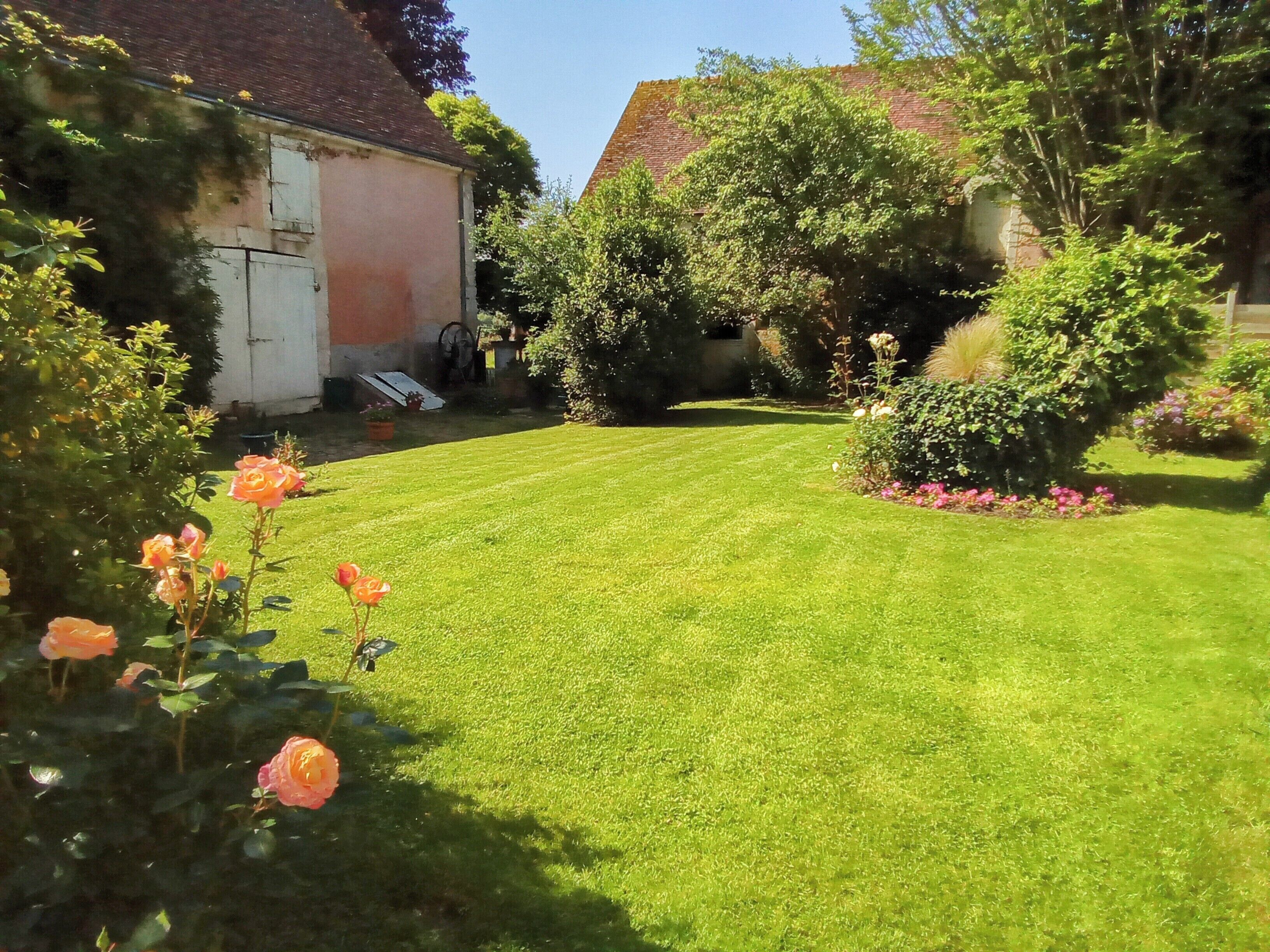Een verzorgd gazon met een kleine tuin waarin rozen groeien.