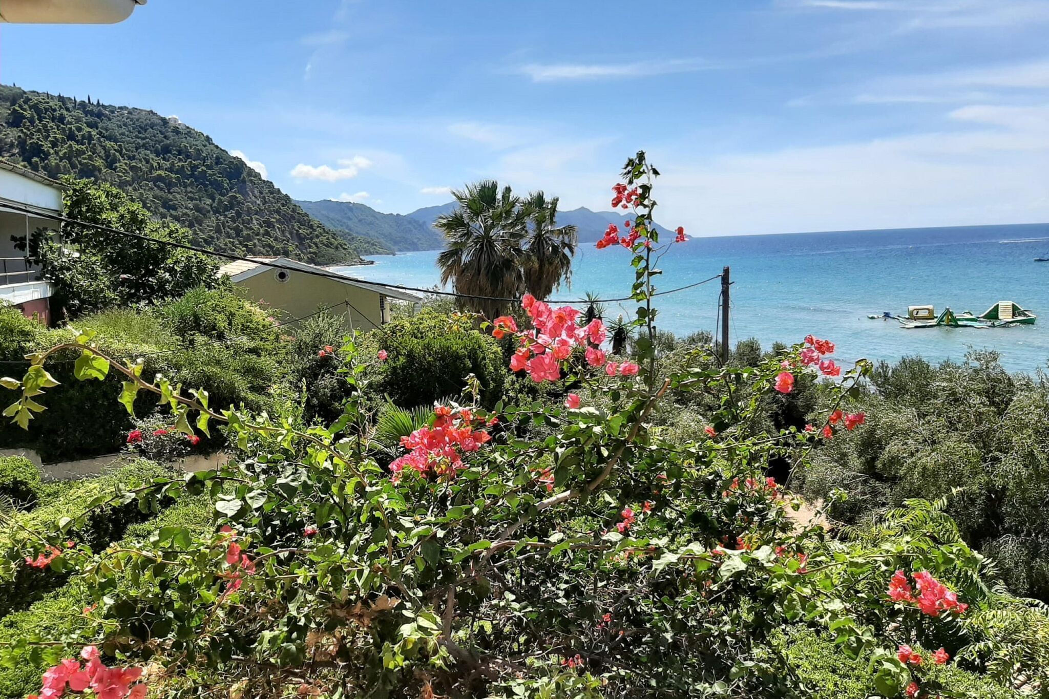 Een weelderige tuin met levendige bloemen en een uitzicht op zee en bergen op de achtergrond.