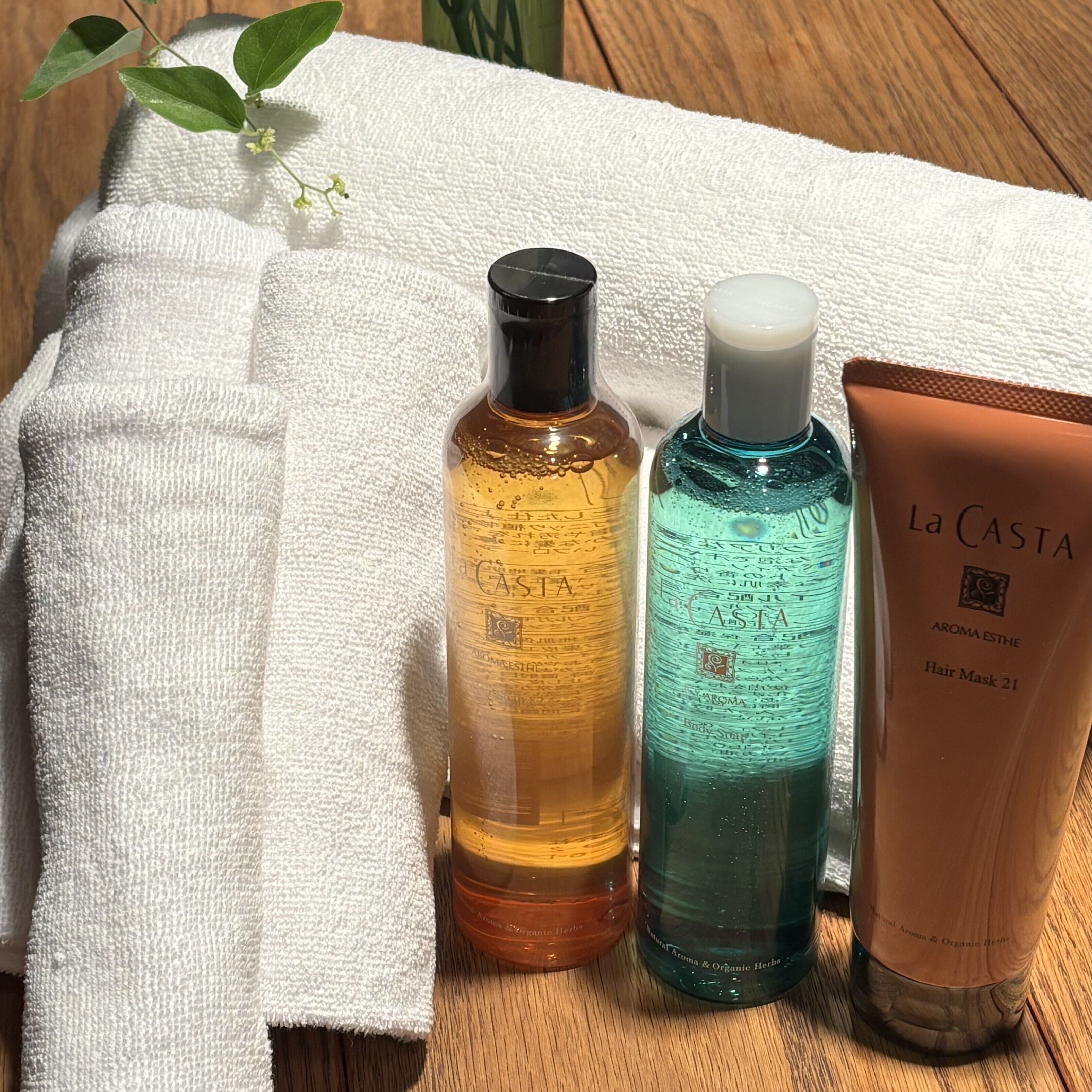 A white towel, two bottles of La Casta hair care products, and a small green plant.