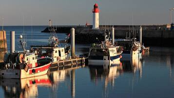 Un port où plusieurs bateaux sont amarrés, un phare en arrière-plan et une eau calme qui reflète les bateaux et les constructions.