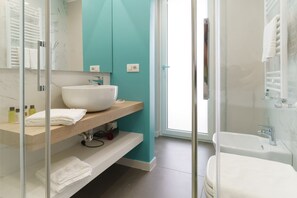 Shower, hair dryer, bidet, towels