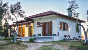 Une maison à deux étages, avec un toit en tuiles, des volets en bois et un petit porche agrémenté de plantes en pot.