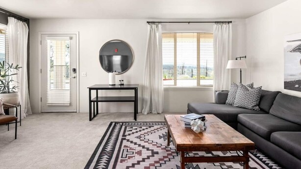 A modern living room with a sofa, a coffee table, a round mirror, and a view through large windows. - Lovely Pet Friendly 2bd / 2ba w/ Private Entrance, On Site Laundry & Dedicated Parking (Paradise)