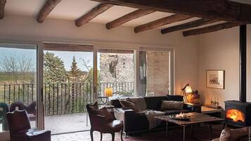 Een televisie, een open haard en boeken