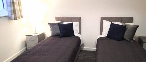 Quarto de hotel com duas camas de solteiro, mesa de cabeceira com abajur e um quadro na parede.