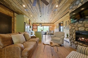 Flat-screen TV, fireplace, printers