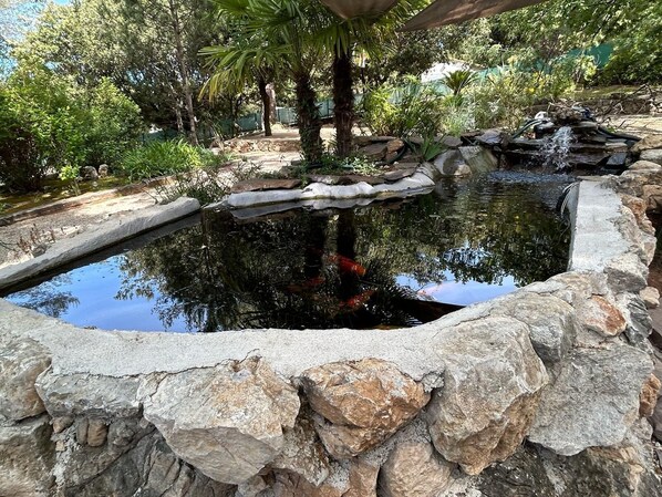 A naturalistic pond with a waterfall, surrounded by rocks and greenery. - Spacious Provencal villa in absolute calm. (Roquefort-les-Pins)