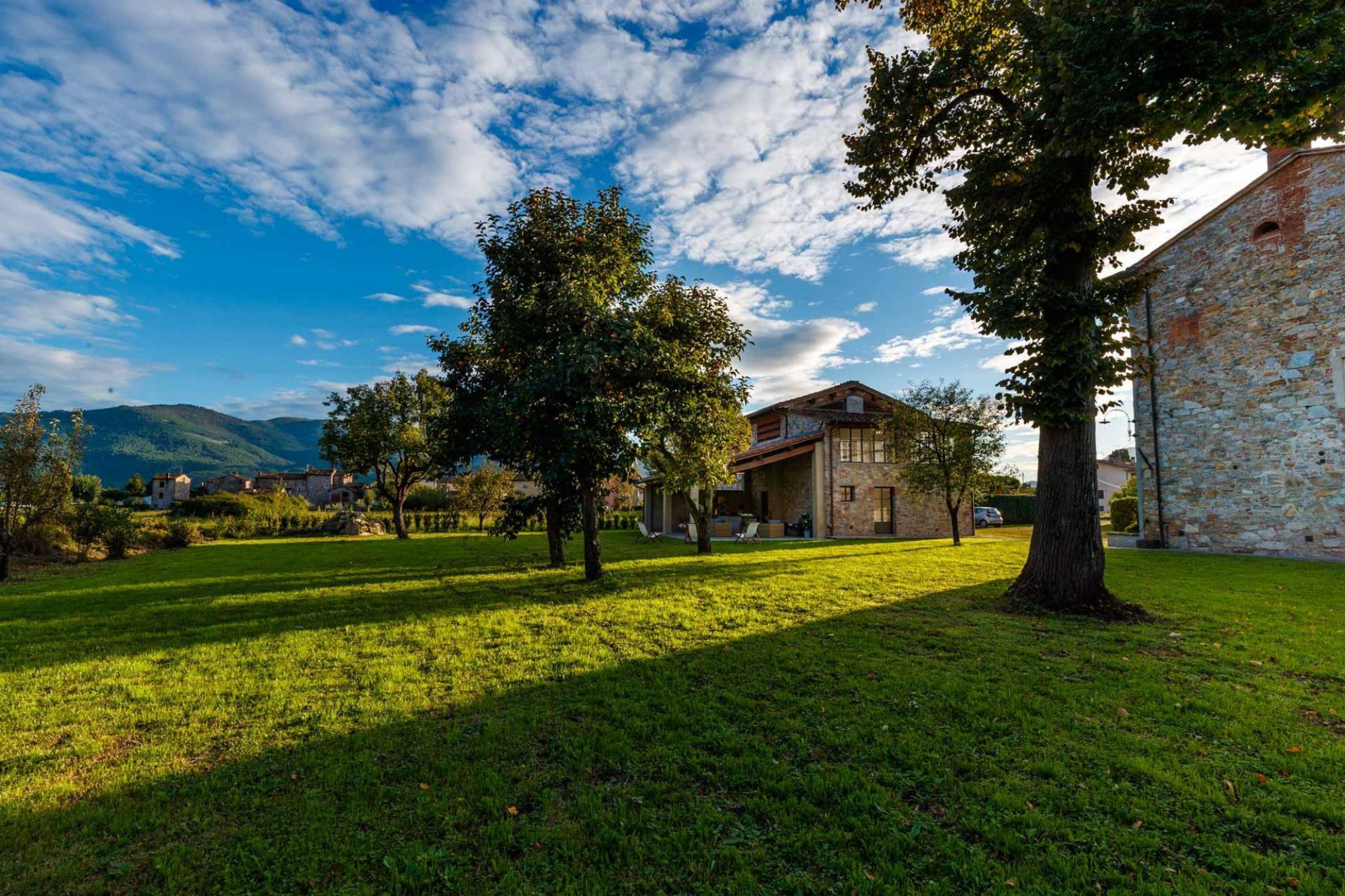 Un'area erbosa con alberi e un edificio in pietra.