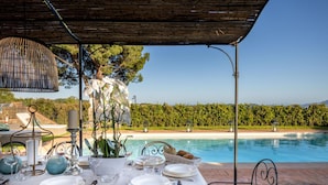 An outdoor dining setup with a table set for two, overlooking a swimming pool and a landscaped garden. - Fattoria Camigliano Wine Estate (Capannori)