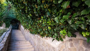 A stone staircase with a metal railing, surrounded by lush green foliage. - Villa Ado in Sorrento (Sorrento)