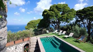 A swimming pool with a view of the sea, surrounded by trees and lounge chairs. - Villa Alma in Massa Lubrense (Massa Lubrense)