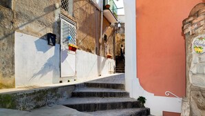 A narrow stone staircase leading to a door with a metal gate and potted plants. - Amore Rentals - Casa Barbera B (Positano)