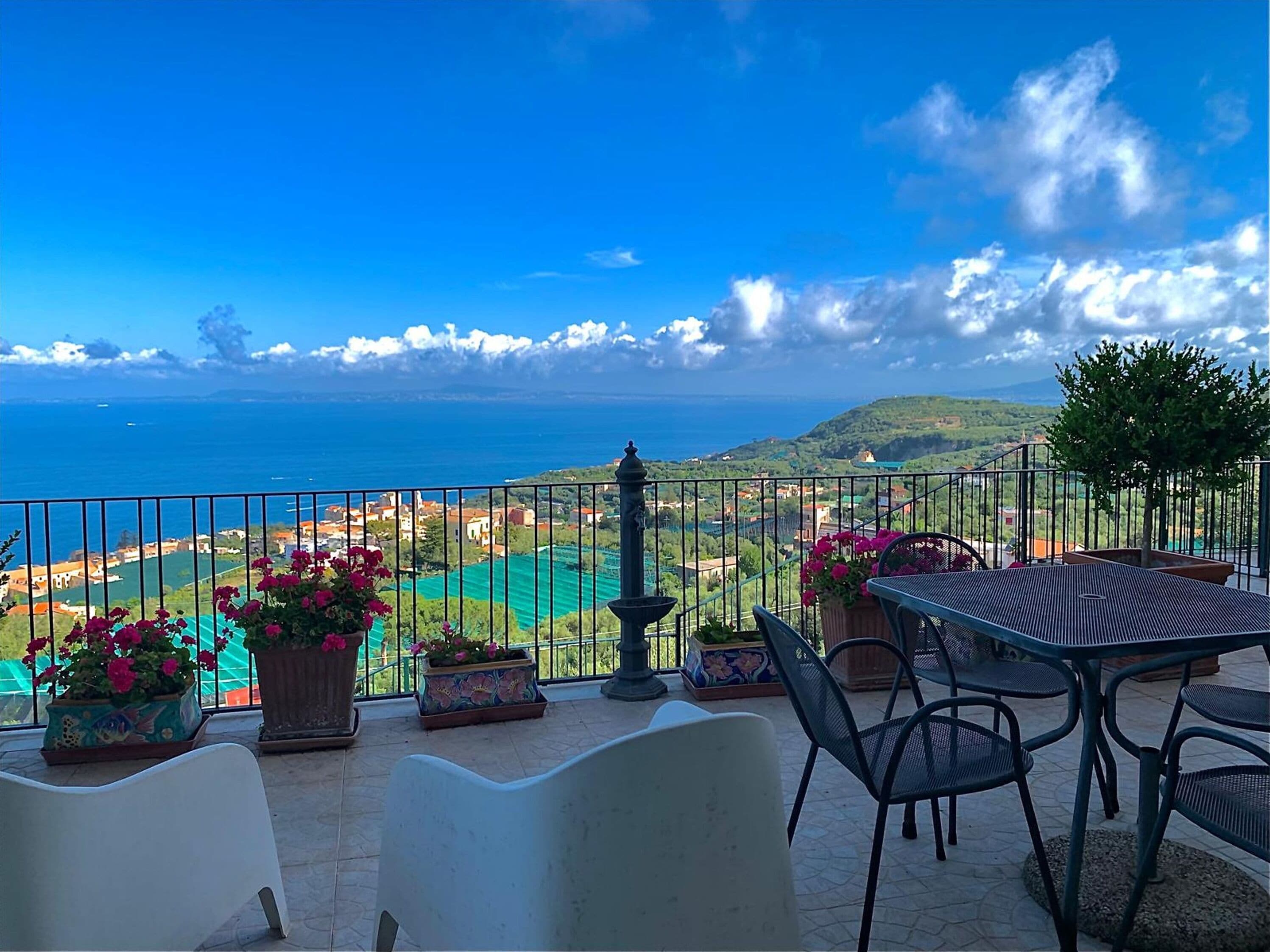Une terrasse avec une table et des chaises, des plantes en pot et une vue sur la mer et le paysage.
