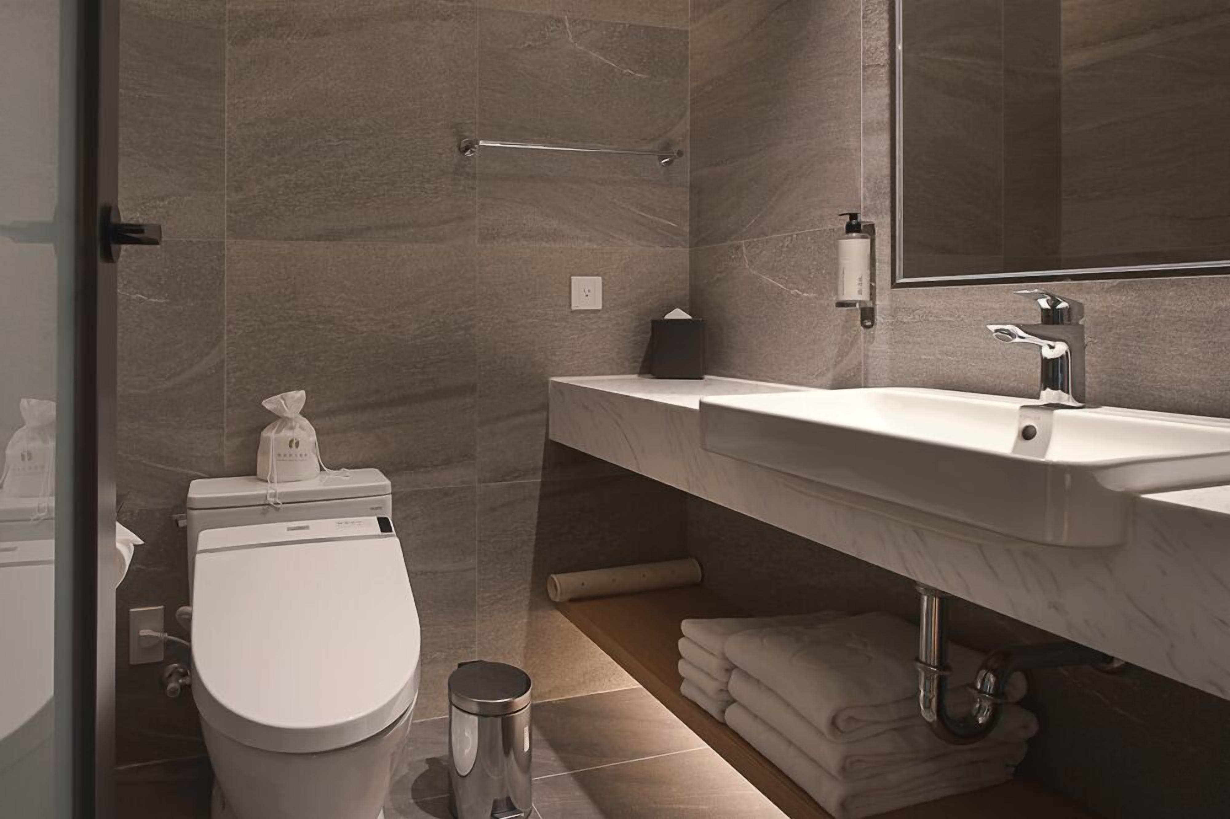 A modern bathroom with a toilet, sink, and mirror.