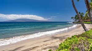 A beach with clear blue water, a sandy shore, and palm trees. - Breathtaking Oceanfront Puamana Retreat – 5 Bedrooms, Modern & Spacious (Lahaina)