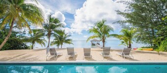White Cottage: Deluxe Oceanfront Home w/Backyard Beachfront, Private Pool, Dock