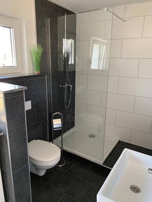 Douche, séchoir à cheveux, serviettes fournies, papier de toilette