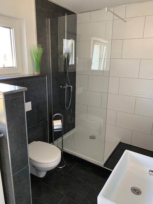 A modern bathroom with a glass-enclosed shower, a white toilet, and a white sink. - Beautiful vacation apartment on the Moselle River (Piesport)
