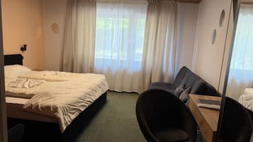 A hotel room with a bed, a sofa, a desk, and a chair.