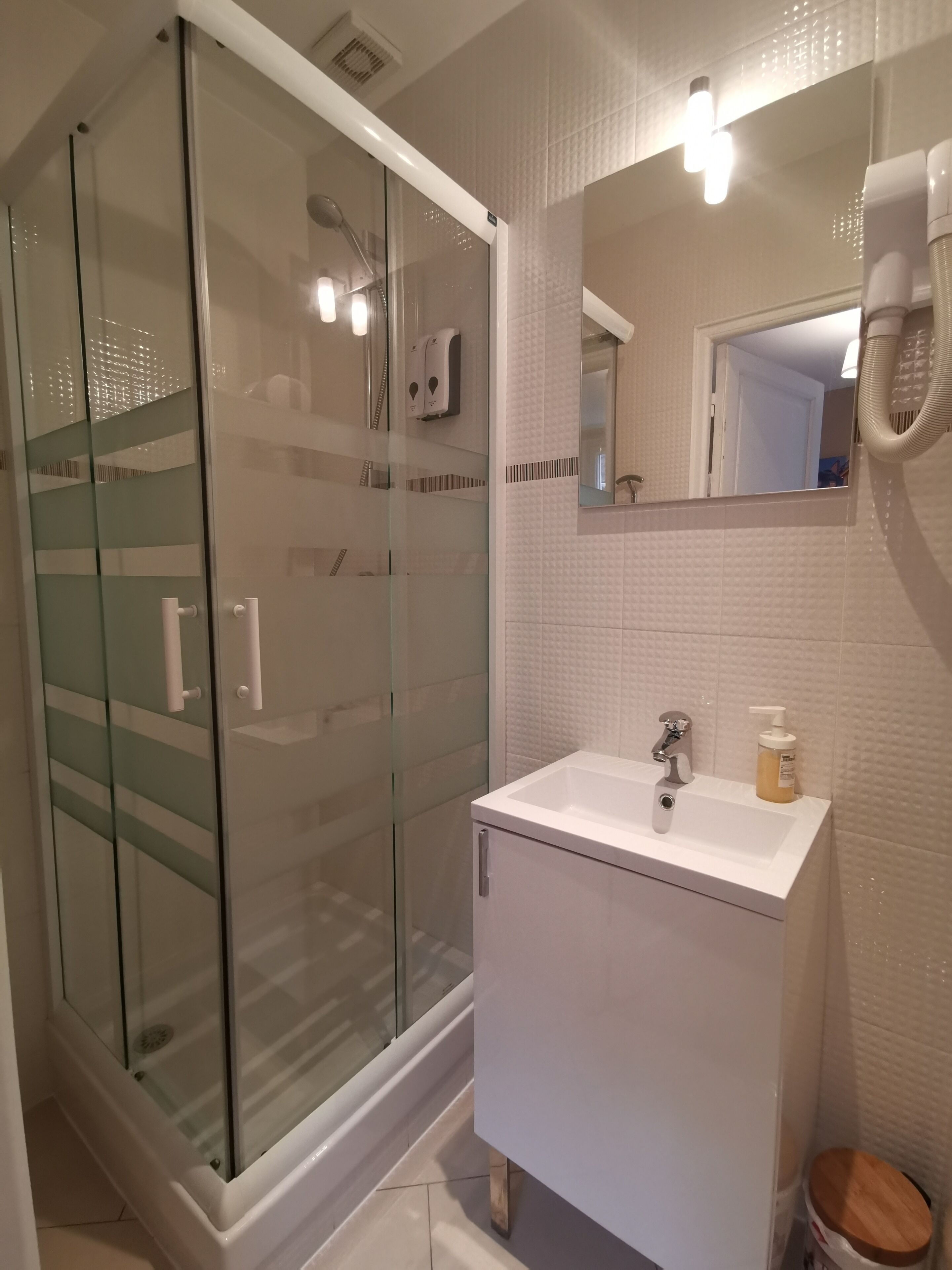 A modern bathroom with a glass shower enclosure, a white sink, and a mirror above it.
