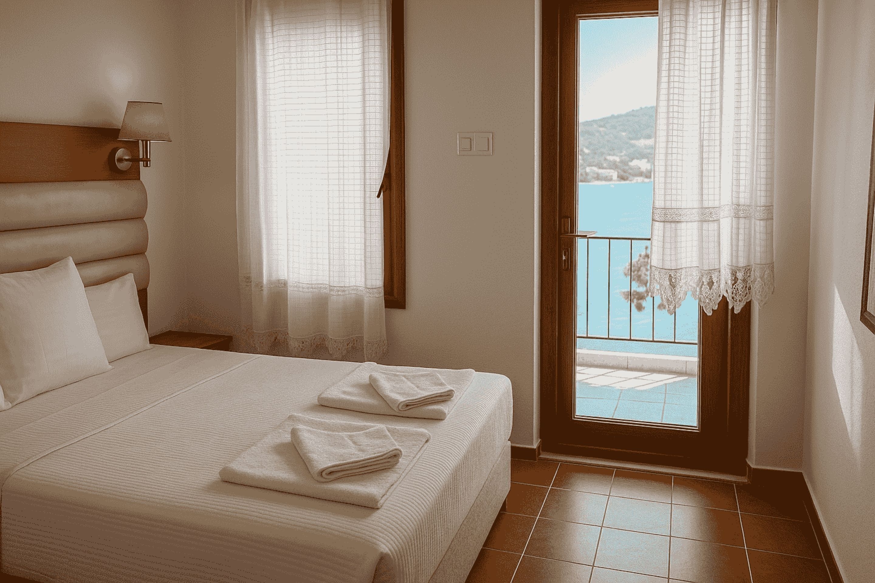 Standaard kamer, balkon, uitzicht op zee | Luxe beddengoed, een bureau, gratis wifi