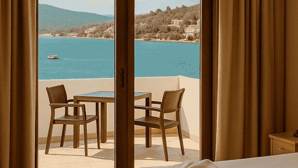 Una habitación con vistas a un lago, una mesa con sillas y una cama.