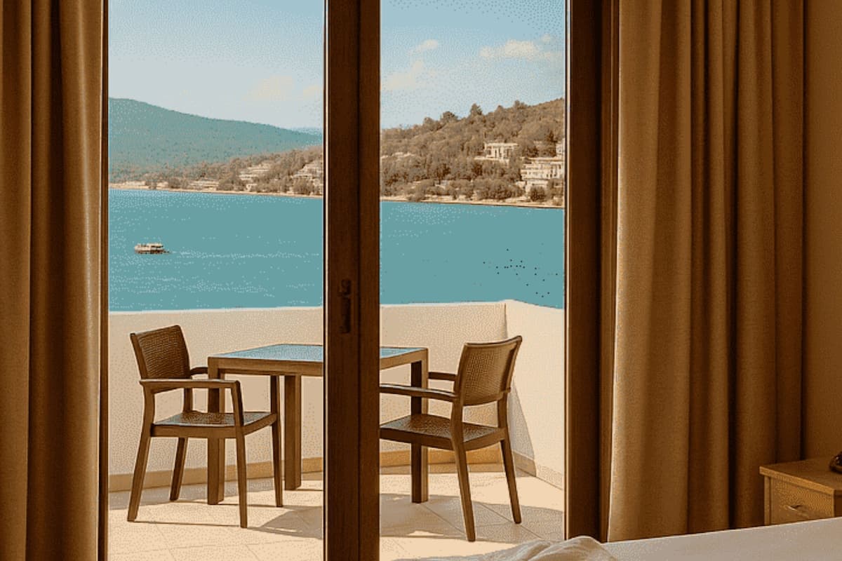 A room with a view of a lake, a table with chairs, and a bed.