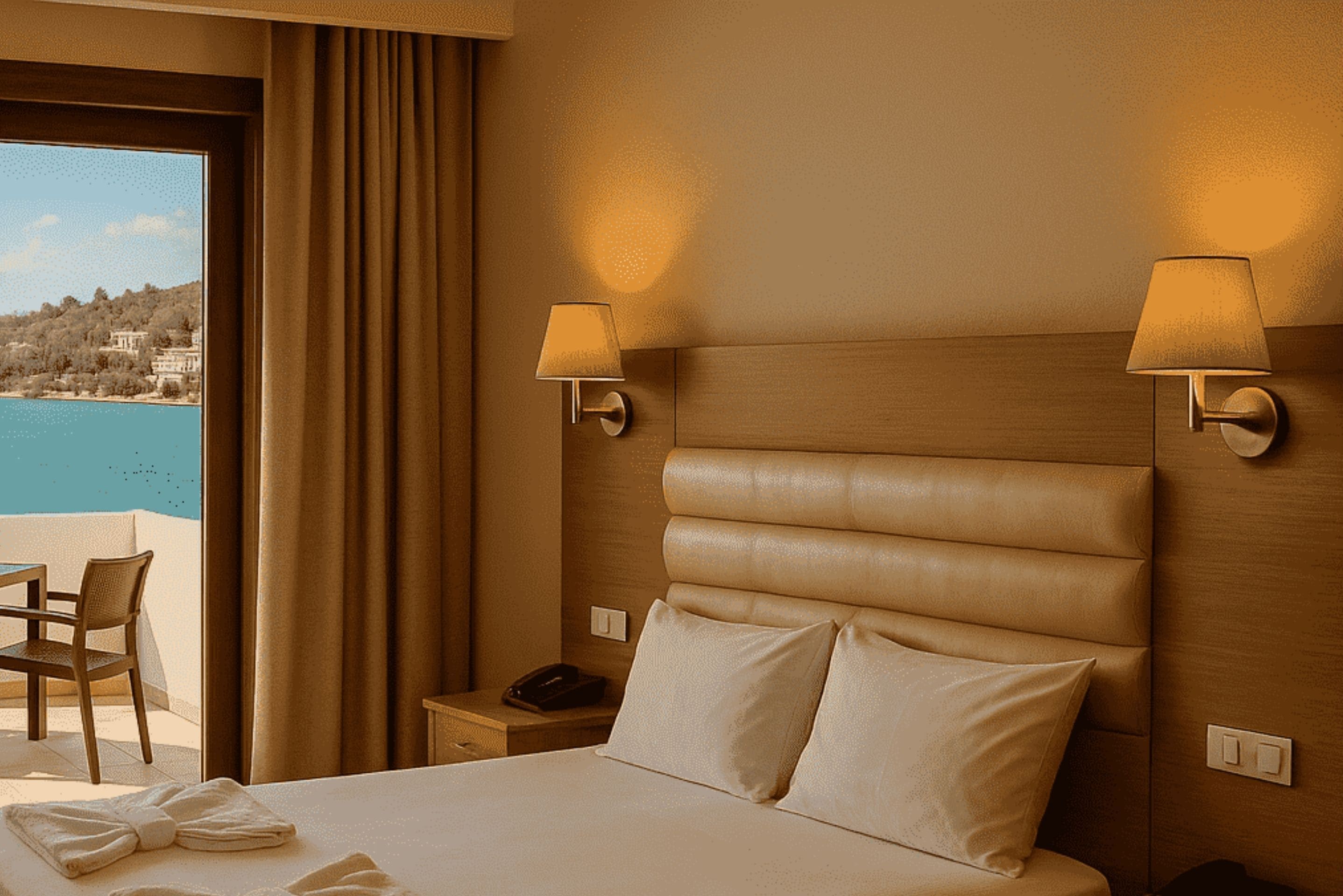 A hotel room with a large bed, two bedside lamps, a nightstand with a phone, a chair, and a view of a body of water and buildings.