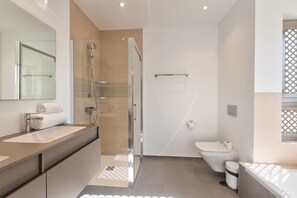 Shower, hair dryer, towels