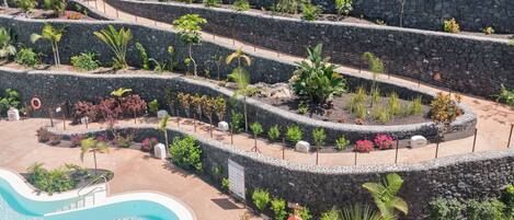 Piscine chauffée, chaises longues