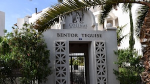 The entrance to Colinas de los Menceyes, featuring a white facade, a gate with geometric patterns, and a palm tree in the foreground. - Colinas - Bentor 3.1 PENTHOUSE 3B JACUZZI POOL VIEW (Arona)
