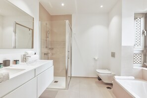 Shower, hair dryer, towels