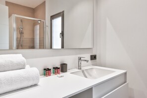 Shower, hair dryer, towels
