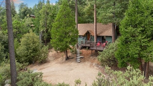 A cabin with a dirt driveway, surrounded by dense forest. - Rocky Raccoon | Hot Tub, Lily Rock Views & Fireplace (Idyllwild)