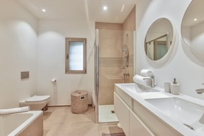 Shower, hair dryer, towels