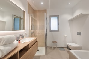 Shower, hair dryer, towels
