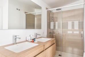 Shower, hair dryer, towels