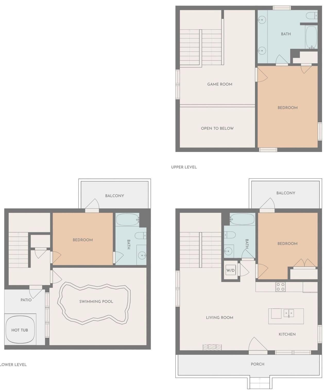 Un hôtel dont l’agencement comprend une salle de jeux, un espace ouvert donnant sur l’étage inférieur, un niveau supérieur avec balcon, un niveau inférieur avec piscine et un salon.