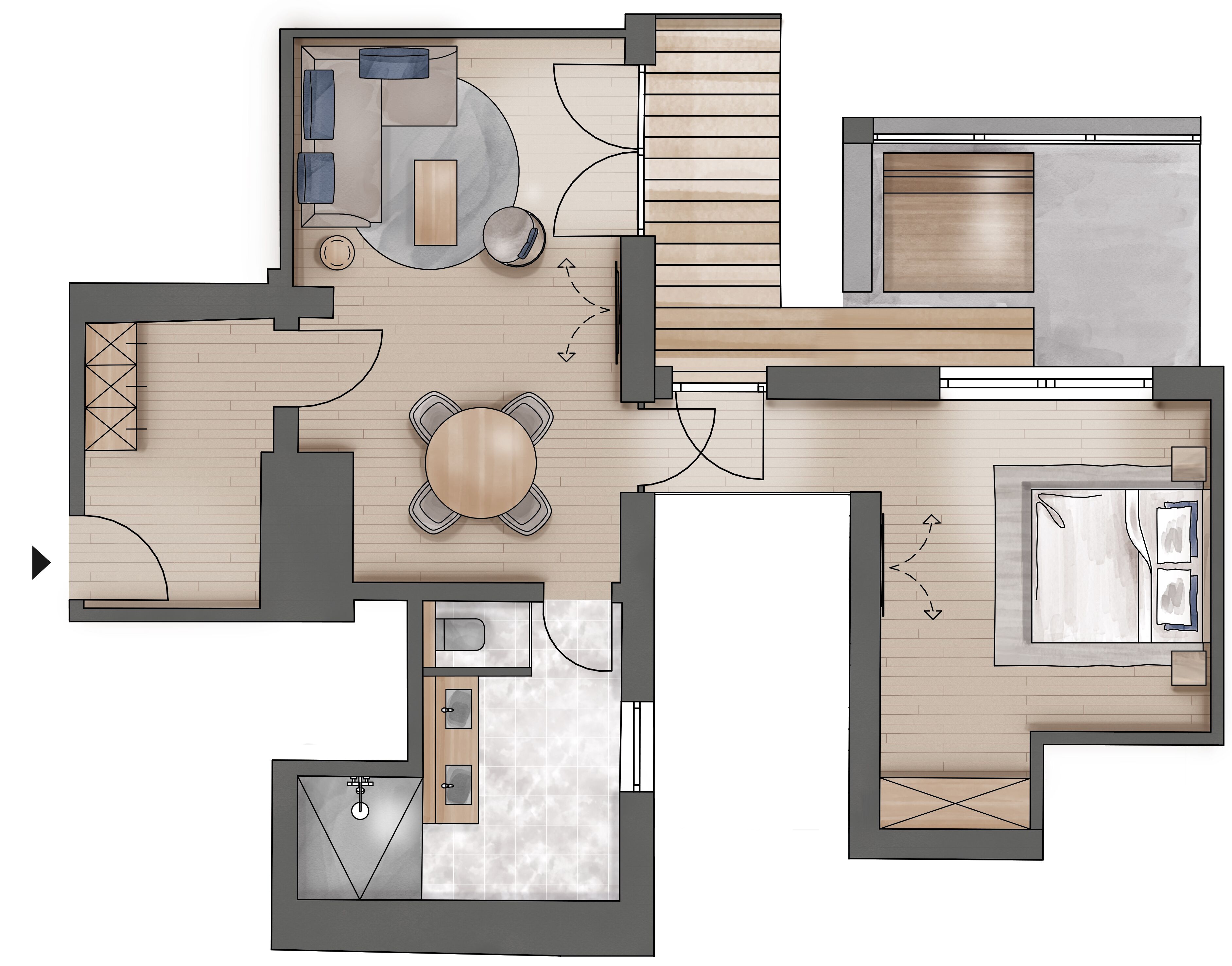 A floor plan of a hotel room with a living area, kitchenette, bathroom, and a small balcony.