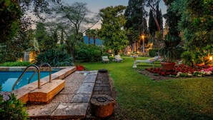 Un área de piscina con terraza de piedra, sillas de descanso y césped cuidado.