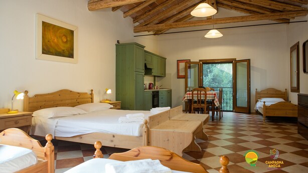 Una habitación con dos camas de madera, una mesa de comedor con sillas, un armario verde y un ventanal grande.
