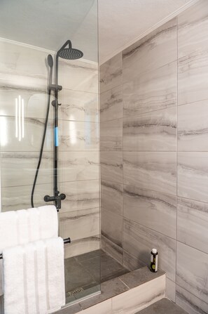 Combined shower/tub, hair dryer, towels, soap