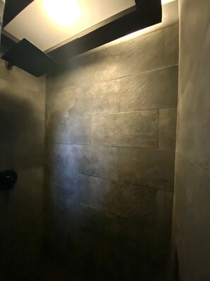 Douche, sèche-cheveux, serviettes fournies, savon