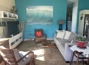 Smart-tv, een dvd-speler, boeken en een stereo